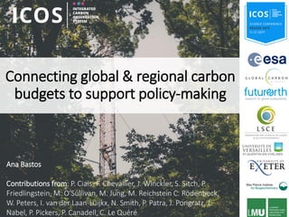 Connecting global & regional carbon
budgets to support policy-making
Ana Bastos
Contributions from: P. Ciais, F. Chevallier, J. Winckler, S. Sitch, P.
Friedlingstein, M. O‘Sullivan, M. Jung, M. Reichstein C. Rödenbeck,
W. Peters, I. van der Laan-Luijkx, N. Smith, P. Patra, J. Pongratz, J.
Nabel, P. Pickers, P. Canadell, C. Le Quéré
 