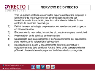 SERVICIO DE DYRECTO

          Tras un primer contacto un consultor experto analizará la empresa e
          identificará de los proyectos con posibilidades reales de ser
          beneficiarios de financiación, tras lo cual el cliente debe de firmar
          contrato de servicios que incluye:
   2)     Definir la mejor estrategia de presentación, reorientando el proyecto
          en caso necesario
   3)     Elaboración de memorias, instancias etc. necesarias para la solicitud
   4)     Presentación de la solicitud de financiación
   5)     Negociación con los organismos y perfeccionamiento del expediente
          para maximizar la valoración y aprobación.
   6)     Recepción de la póliza y asesoramiento sobre los derechos y
          obligaciones que ésta conlleva. Ante la firma de la correspondiente
          póliza el cliente deberá de pagar un % del resultado conseguido.




http://www.dyrecto.es
dyrecto@dyrecto.es
 