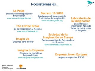 I-cosistemas   es…   The Coffee Break De la Imaginaci ón al Negocio www.thecoffeebreak.biz La Pasta  Encuentro de Imaginaci ón y F inanciaci ón www.encuentrolapasta.com Imagina tu Empresa Concurso de Iniciativas Emprendedoras www.imaginatuempresa.com Imagin Up  Entornos para Innovar Decreto 16/2008 Ayudas  para el fomento de la Sociedad de la Imaginación www.iniciativajoven.org Empresa Joven Europea Asignatura optativa 3º ESO Sociedad de la Imaginaci ón en Europa Semana creativa de Extremadura en Bruselas www.semanadelacreatividad.es Laboratorio de la Imaginaci ón Encuentros de Imaginaci ón Aplicada Taller de la Iniciativa al Proyecto 