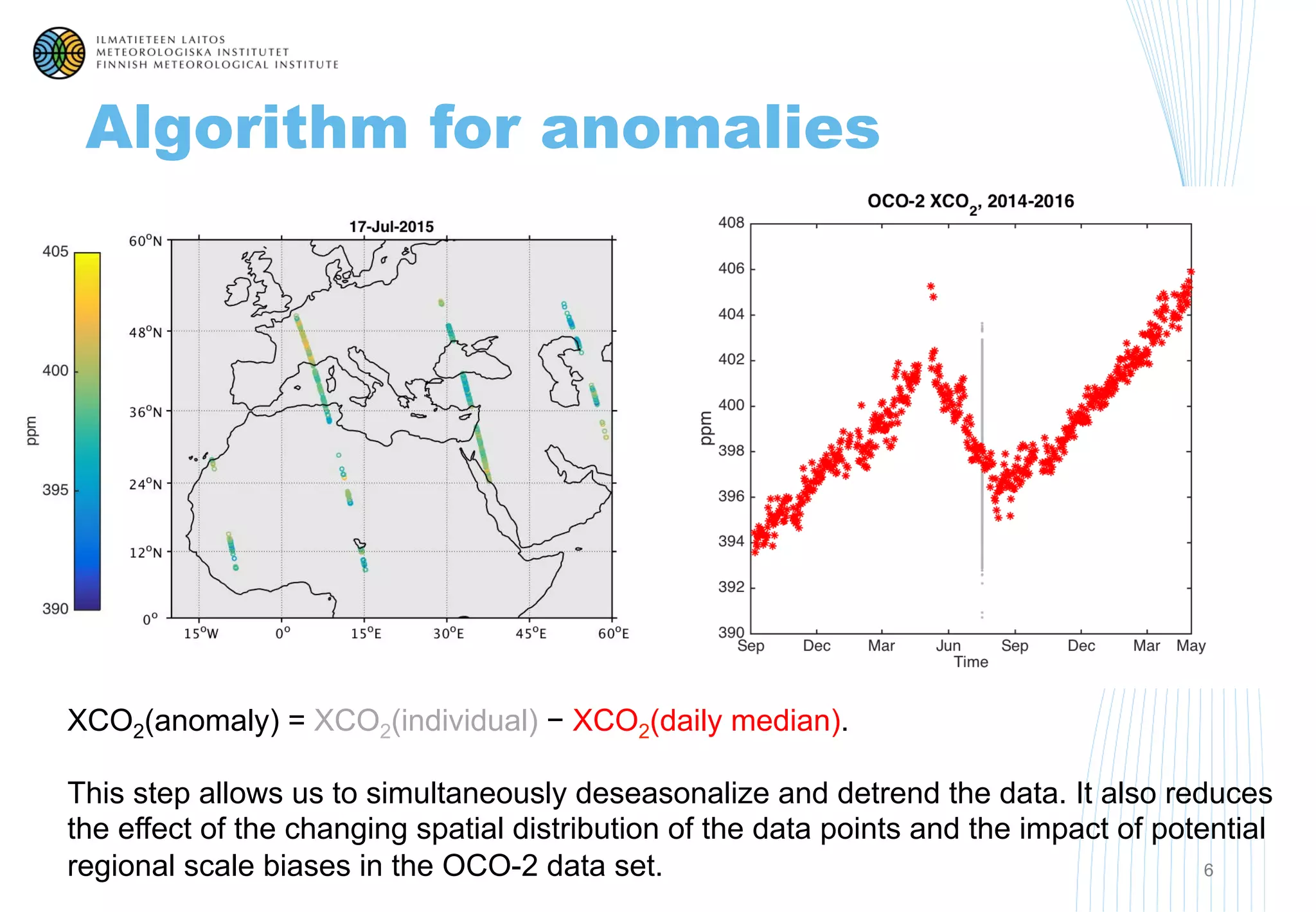 Algorithm for anomalies
6
XCO2(anomaly) = XCO2(individual) − XCO2(daily median).
This step allows us to simultaneously deseasonalize and detrend the data. It also reduces
the effect of the changing spatial distribution of the data points and the impact of potential
regional scale biases in the OCO-2 data set.