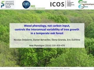 2nd ICOS Science Conference, 27-29 september 2016, Helsinki
Wood phenology, not carbon input,
controls the interannual variability of tree growth
in a temperate oak forest
Nicolas Delpierre, Daniel Berveiller, Elena Granda, Eric Dufrêne
New Phytologist (2016) 210: 459–470
 