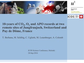 10-years of CO2, O2 and APO records at two
remote sites of Jungfraujoch, Switzerland and
Puy de Dôme, France
T. Berhanu, M. Schibig, C. Uglietti, M. Leuenberger, A. Colomb
ICOS Science Conference, Helsinki
28-Sep-2016
 