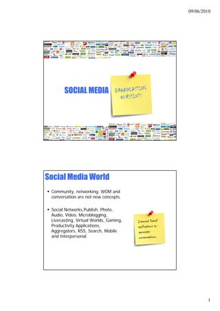 09/06/2010




       SOCIAL MEDIA




Social Media World
 Community, networking, WOM and
 conversation are not new concepts.

 Social Networks,Publish, Photo,
 Audio, Video, Microblogging,
 Livecasting, Virtual Worlds, Gaming,
 Productivity Applications,
 Aggregators, RSS, Search, Mobile
 and Interpersonal
     Interpersonal.




                                                1
 