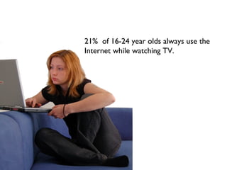 21% of 16-24 year olds always use the
Internet while watching TV.
 