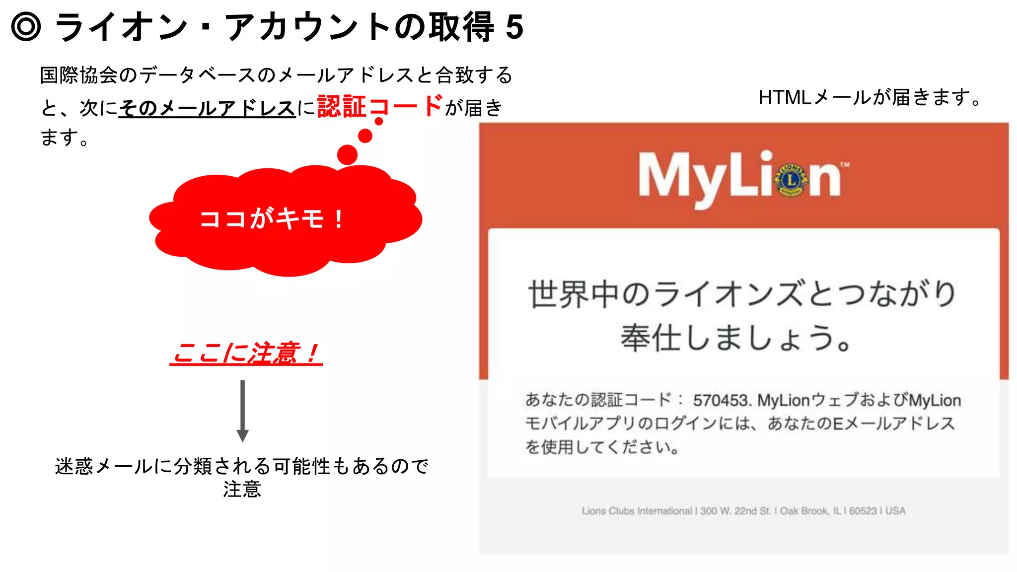 ◎ ライオン・アカウントの取得 5
迷惑メールに分類される可能性もあるので
注意
国際協会のデータベースのメールアドレスと合致する
と、次にそのメールアドレスに認証コードが届き
ます。
ココがキモ！
ここに注意！
HTMLメールが届きます。
 