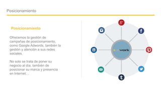 Company name - Presentation
Posicionamiento
Ofrecemos la gestión de
campañas de posicionamiento,
como Google Adwords, también la
gestión y atención a sus redes
sociales.
No solo se trata de poner su
negocio al día, también de
posicionar su marca y presencia
en Internet…
Posicionamiento
03
 