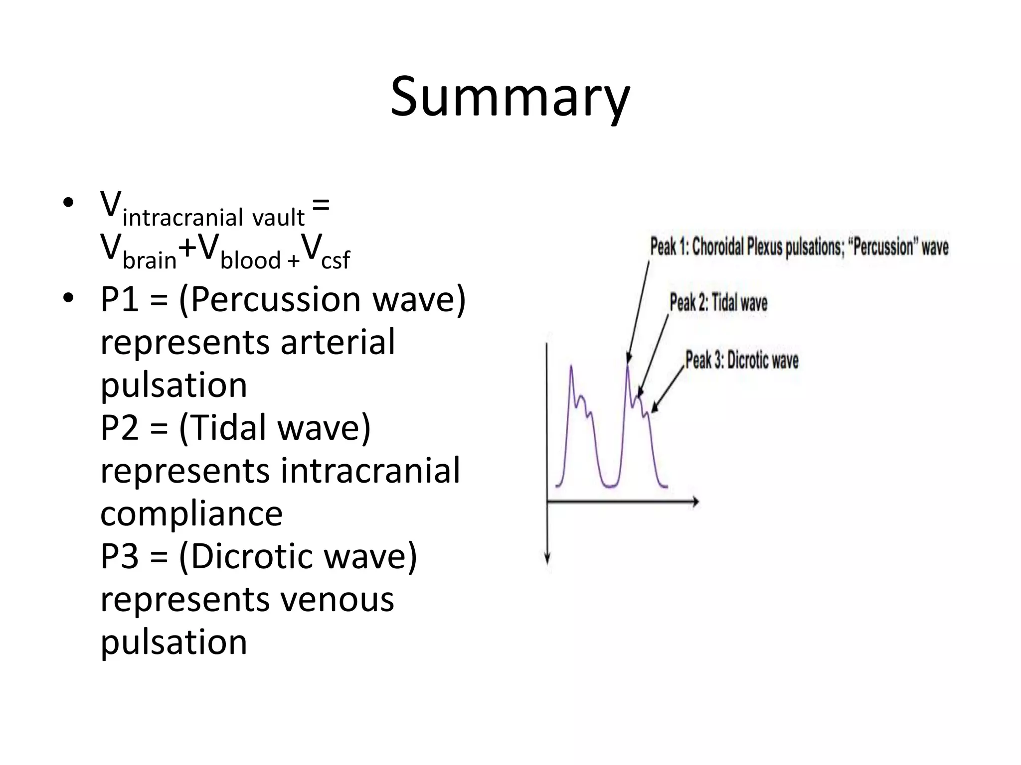 Summary
• Vintracranial vault =
Vbrain+Vblood +Vcsf
• P1 = (Percussion wave)
represents arterial
pulsation
P2 = (Tidal wave)
represents intracranial
compliance
P3 = (Dicrotic wave)
represents venous
pulsation

 