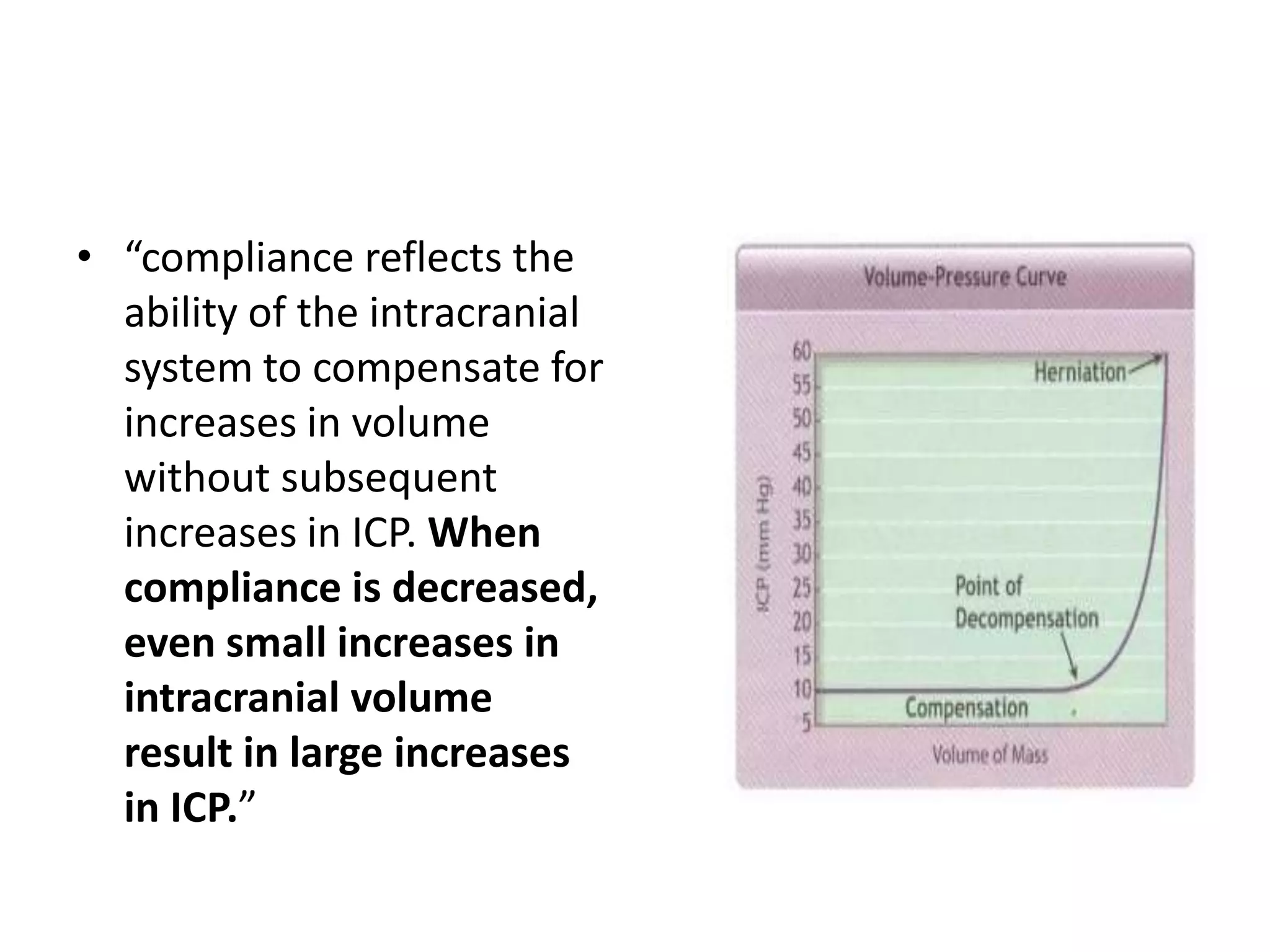 • “compliance reflects the
ability of the intracranial
system to compensate for
increases in volume
without subsequent
increases in ICP. When
compliance is decreased,
even small increases in
intracranial volume
result in large increases
in ICP.”

 