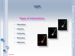 19
ICP
Steps
1. Plasma will dissociate a sample into atoms , ions.
2. Exciting them to a higher energy level.
3. They emit light at a characteristic wavelength .
4. The emitted light, will be analysing .
The instrument will know the concentration of metals inside
the sample, using standard solutions.
 