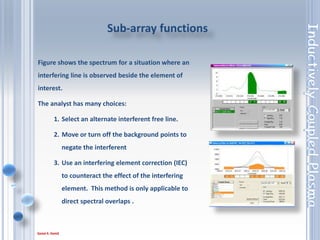 73
1. Severe in ICP-OES
2. Need to use off-peak background
correction
3. Interfering Element Correction (IEC)
Spectral Interferences can be easily
over come by wavelength selection
and optimisation of the sub-arrays
3. Spectral interferences
 