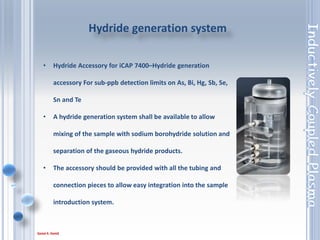 85
ORGANICS SAMPLE INTRODUCTION KIT
• Optimum kit for relatively non-
volatile organics such as xylene,
white spirit and kerosene
• The dedicated radial view ICP is the
optimum choice for wear metals in
used oil
 