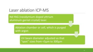 Laser ablation ICP-MS
Nd:YAG (neodymium doped yttrium
aluminum garnet crystal) laser.
Ablation chamber or cell, which is purged
with argon
UV beam diameter adjusted so that
“spot” sizes from <5μm to 300μm
12
 