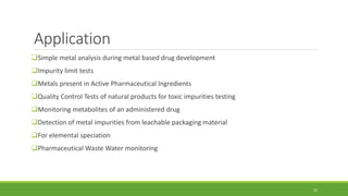 Application
Simple metal analysis during metal based drug development
Impurity limit tests
Metals present in Active Pharmaceutical Ingredients
Quality Control Tests of natural products for toxic impurities testing
Monitoring metabolites of an administered drug
Detection of metal impurities from leachable packaging material
For elemental speciation
Pharmaceutical Waste Water monitoring
22
 