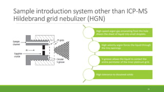 Sample introduction system other than ICP-MS
Hildebrand grid nebulizer (HGN)
High-speed argon gas emanating from the hole
shears the sheet of liquid into small droplets.
High velocity argon forces the liquid through
the tiny openings
V-groove allows the liquid to contact the
entire perimeter of the inner platinum grid.
High tolerance to dissolved solids
25
 
