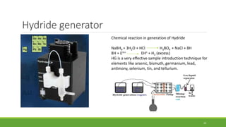 Hydride generator
Chemical reaction in generation of Hydride
NaBH4 + 3H2O + HCl H3BO4 + NaCl + 8H
8H + Em+ EHn + H2 (excess)
HG is a very effective sample introduction technique for
elements like arsenic, bismuth, germanium, lead,
antimony, selenium, tin, and tellurium.
26
 