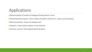 Applications
Determination of metals in biological fluids (blood. urine)
Environmental Analysis: Trace metals and other elements in water, soil and plants
Pharmaceuticals: Traces of catalyst used
Industry: Trace metal analysis in raw material
Forensic science: Toxicological determination
33
 