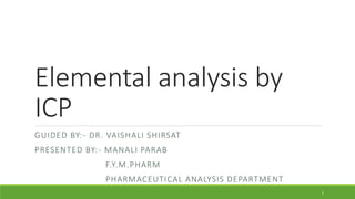 Elemental analysis by
ICP
GUIDED BY:- DR. VAISHALI SHIRSAT
PRESENTED BY:- MANALI PARAB
F.Y.M.PHARM
PHARMACEUTICAL ANALYSIS DEPARTMENT
1
 