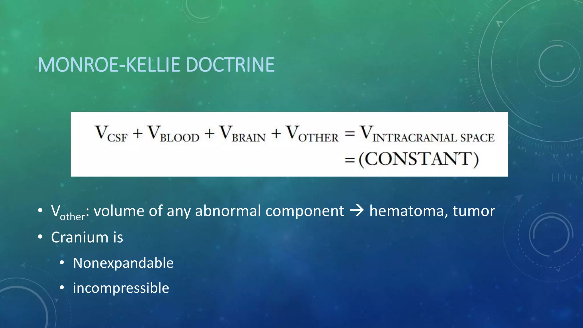 MONROE-KELLIE DOCTRINE
• Vother: volume of any abnormal component  hematoma, tumor
• Cranium is
• Nonexpandable
• incompressible
 