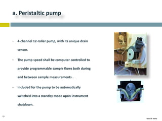 13
Gamal A. Hamid
a. Peristaltic pump
• 4-channel 12-roller pump, with its unique drain
sensor.
• The pump speed shall be computer controlled to
provide programmable sample flows both during
and between sample measurements .
• Included for the pump to be automatically
switched into a standby mode upon instrument
shutdown.
 
