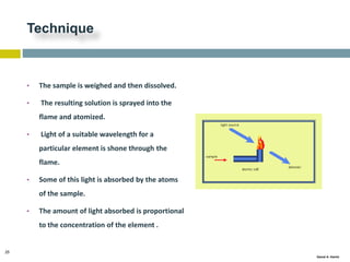 25
Gamal A. Hamid
Technique
• The sample is weighed and then dissolved.
• The resulting solution is sprayed into the
flame and atomized.
• Light of a suitable wavelength for a
particular element is shone through the
flame.
• Some of this light is absorbed by the atoms
of the sample.
• The amount of light absorbed is proportional
to the concentration of the element .
 