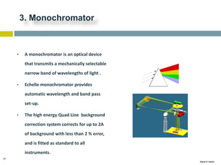 31
Gamal A. Hamid
3. Monochromator
• A monochromator is an optical device
that transmits a mechanically selectable
narrow band of wavelengths of light .
• Echelle monochromator provides
automatic wavelength and band pass
set-up.
• The high energy Quad Line background
correction system corrects for up to 2A
of background with less than 2 % error,
and is fitted as standard to all
instruments.
 