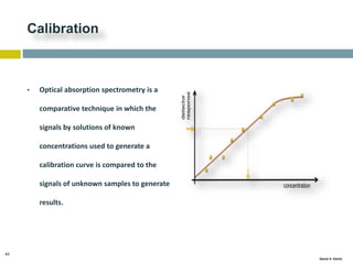 43
Gamal A. Hamid
Calibration
• Optical absorption spectrometry is a
comparative technique in which the
signals by solutions of known
concentrations used to generate a
calibration curve is compared to the
signals of unknown samples to generate
results.
 
