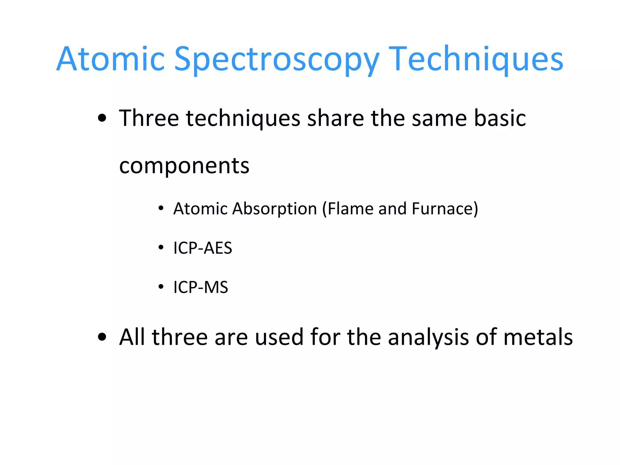 Atomic Spectroscopy Techniques Three techniques share the same basic components Atomic Absorption (Flame and Furnace) ICP-AES ICP-MS All three are used for the analysis of metals 