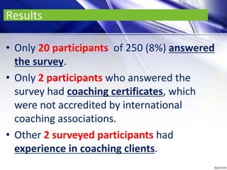 Results
• Only 20 participants of 250 (8%) answered
the survey.
• Only 2 participants who answered the
survey had coaching...