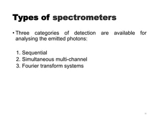 Types of spectrometers
• Three categories of detection are available for
analysing the emitted photons:
1. Sequential
2. Simultaneous multi-channel
3. Fourier transform systems
30
 