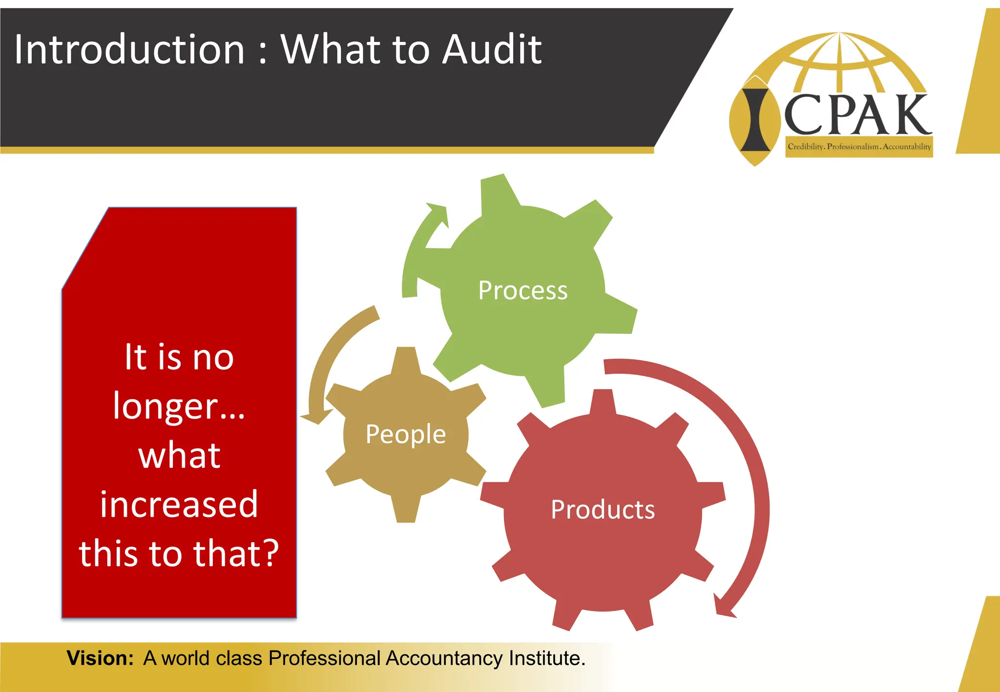 Vision: A world class Professional Accountancy Institute.
Introduction : What to Audit
Products
People
Process
It is no
longer…
what
increased
this to that?
 