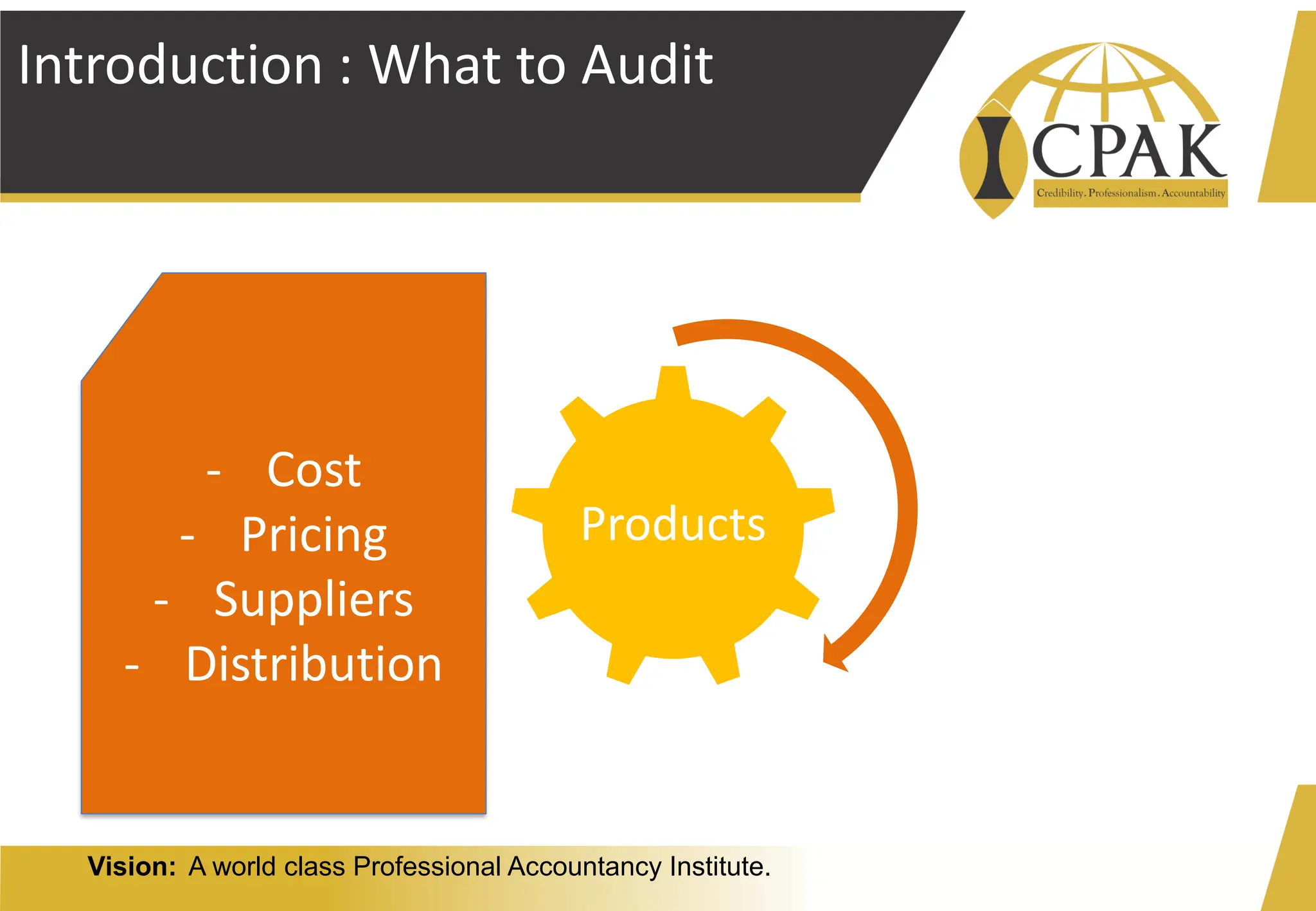 Vision: A world class Professional Accountancy Institute.
Introduction : What to Audit
Products
- Cost
- Pricing
- Suppliers
- Distribution
 