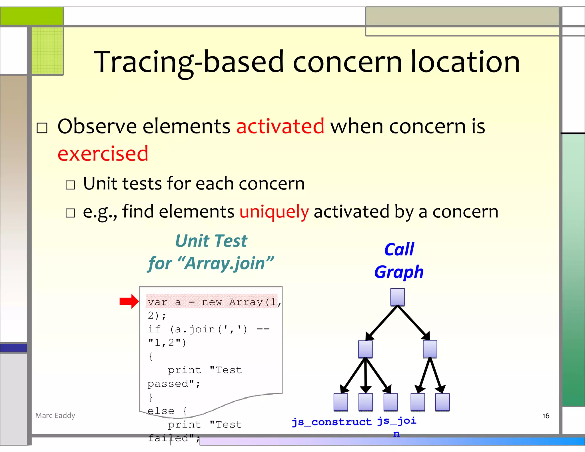 Tracing-based concern location
□ Observe elements activated when concern is
  exercised
       □ Unit tests for each concern
       □ e.g., find elements uniquely activated by a concern
                      Unit Test               Call
                  for “Array.join”           Graph
                 var a = new Array(1,
                 2);
                 if (a.join(',') ==
                 "1,2")
                 {
                     print "Test
                 passed";
                 }
Marc Eaddy       else {                                        16
                     print "Test      js_construct js_joi
                 failed";                            n
 