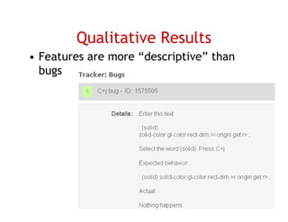 Qualitative Results
• Features are more “descriptive” than
  bugs




                                         57
 