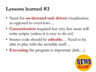Lessons learned #3 Need for  on-demand task driven  visualization as opposed to overviews…  Customization  required but very few users will write scripts (unless it is easy to do so!) Source code should be  editable … Need to be able to play with the invisible stuff… Executing  the program is important (duh…) 
