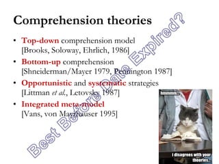 Comprehension theories Top-down  comprehension model  [Brooks, Soloway, Ehrlich, 1986] Bottom-up  comprehension  [Shneiderman/Mayer 1979, Pennington 1987] Opportunistic  and  systematic  strategies  [Littman  et al. , Letovsky 1987] Integrated meta-model [Vans, von Mayrhauser 1995] 