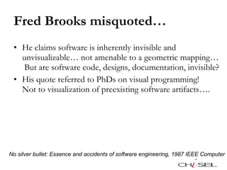 Fred Brooks misquoted…  He claims software is inherently invisible and unvisualizable… not amenable to a geometric mapping…  But are software code, designs, documentation, invisible? His quote referred to PhDs on visual programming!  Not to visualization of preexisting software artifacts…. No silver bullet: Essence and accidents of software engineering, 1987 IEEE Computer 