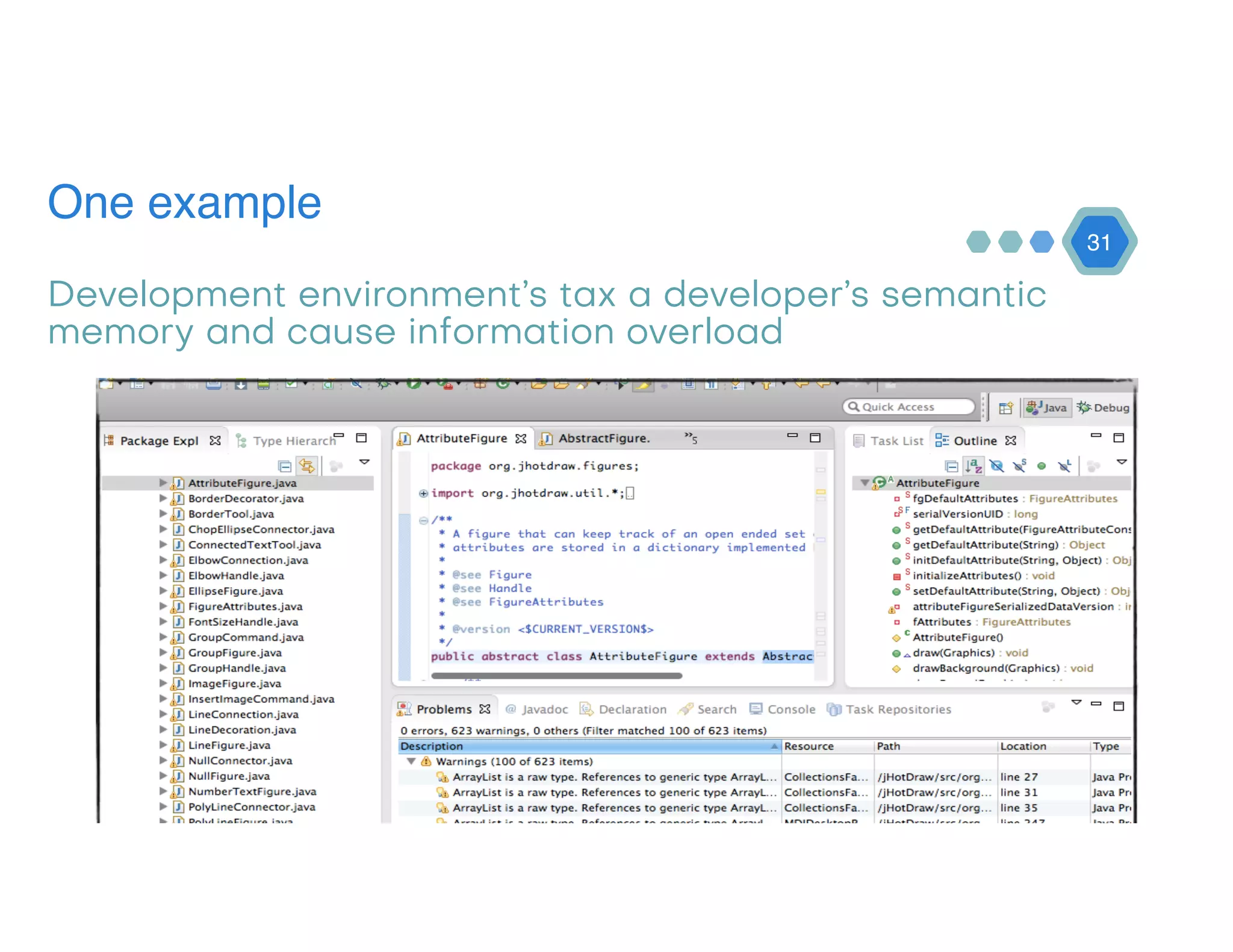 One example
31
Development environment’s tax a developer’s semantic
memory and cause information overload
 