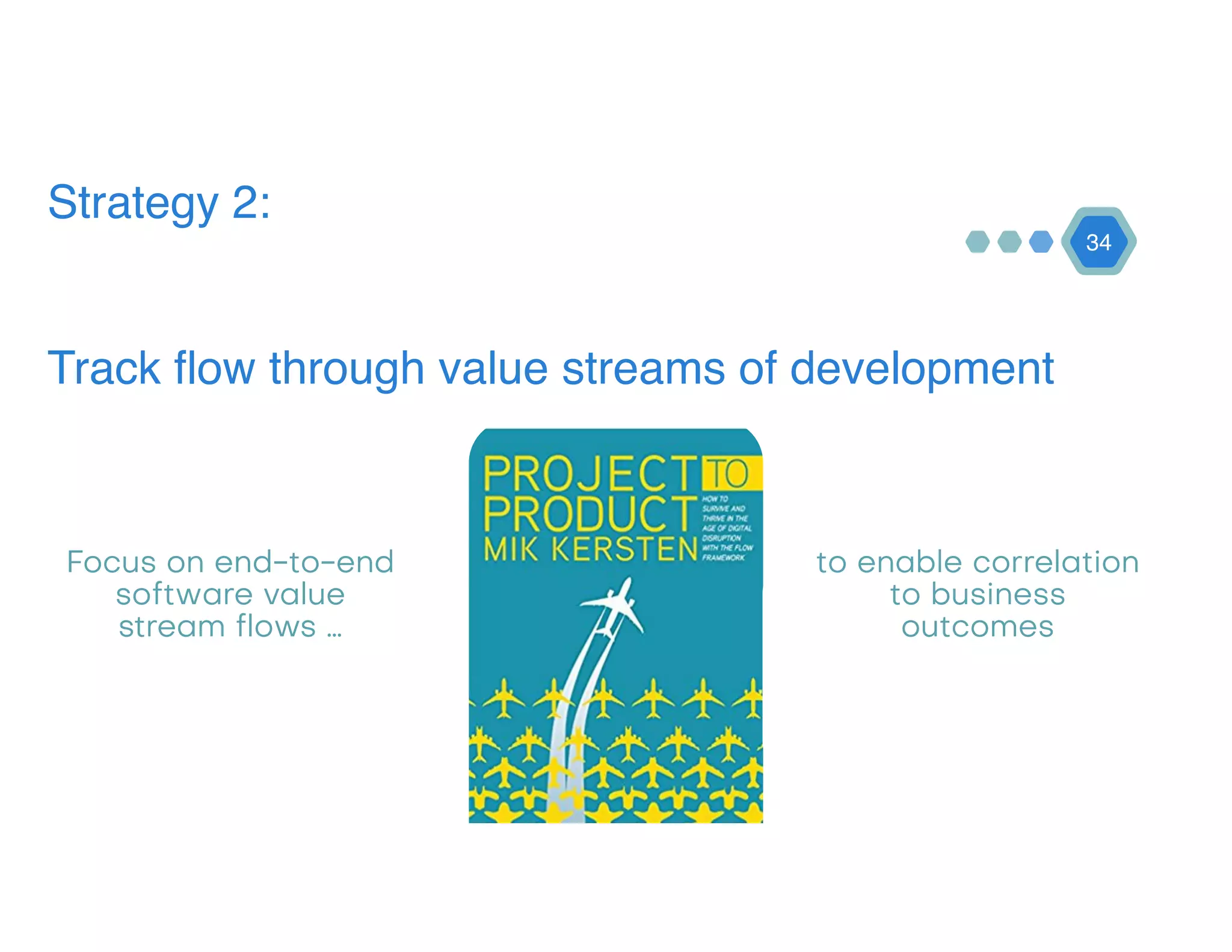 Strategy 2: 
 
 
Track flow through value streams of development
34
Focus on end-to-end
software value
stream flows …
to enable correlation
to business
outcomes
 