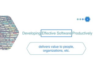Developing Effective Software Productively
4
delivers value to people,
organizations, etc.
 