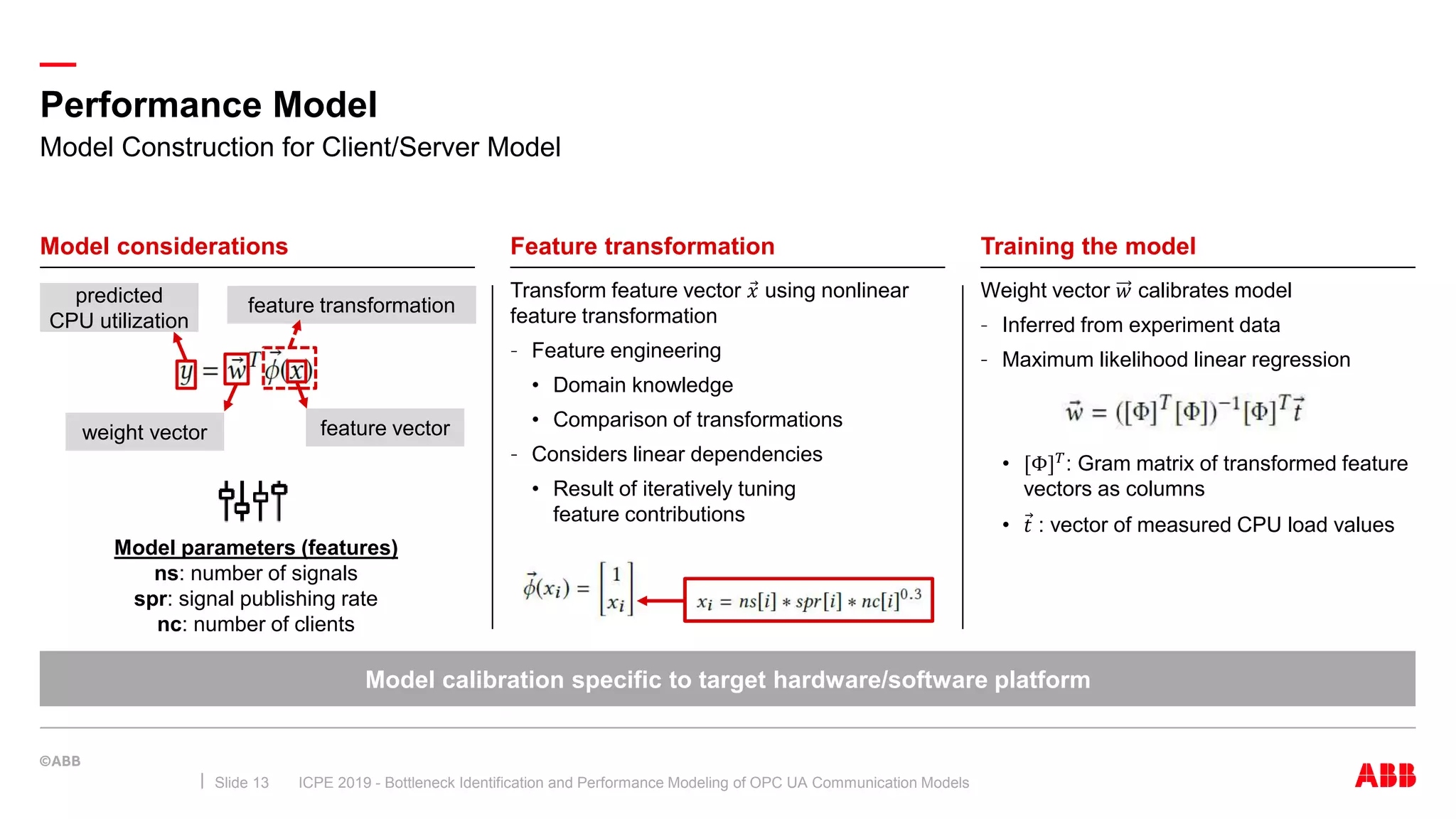 —
Model calibration specific to target hardware/software platform
Performance Model
ICPE 2019 - Bottleneck Identification and Performance Modeling of OPC UA Communication ModelsSlide 13
Model considerations Feature transformation
Transform feature vector 𝑥 using nonlinear
feature transformation
– Feature engineering
• Domain knowledge
• Comparison of transformations
– Considers linear dependencies
• Result of iteratively tuning
feature contributions
Training the model
Weight vector 𝑤 calibrates model
– Inferred from experiment data
– Maximum likelihood linear regression
• [Φ] 𝑇
: Gram matrix of transformed feature
vectors as columns
• 𝑡 : vector of measured CPU load values
Model Construction for Client/Server Model
feature transformation
weight vector feature vector
predicted
CPU utilization
Model parameters (features)
ns: number of signals
spr: signal publishing rate
nc: number of clients
 