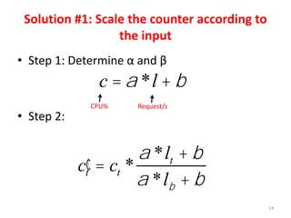 Solution #1: Scale the counter according to
the input
• Step 1: Determine α and β
• Step 2:
14
CPU% Request/s
c = a *l + b
¢ct = ct *
a *lt + b
a *lb + b
 