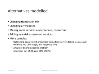 Alternatives modelled
• Changing transaction mix
• Changing arrival rates
• Making some services asynchronous, concurrent
• Adding new risk assessment services
• More complex
• Optimising deployment of services to multiple servers taking into account
memory and CPU usage, and response time
• A type of box/bin packing problem
• 4 services out of 30 used 50% of CPU
23/03/2016 Performance Assurance Pty Ltd 33
 
