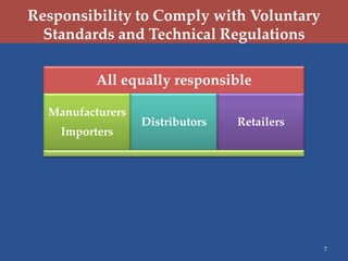 Responsibility to Comply with Voluntary
  Standards and Technical Regulations

          All equally responsible

  Manufacturers
                  Distributors   Retailers
    Importers




                                             7
 