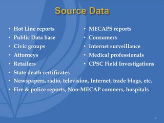 9
• Hot Line reports
• Public Data base
• Civic groups
• Attorneys
• Retailers
• State death certificates
• MECAPS reports
• Consumers
• Internet surveillance
• Medical professionals
• CPSC Field Investigations
• Newspapers, radio, television, Internet, trade blogs, etc.
• Fire & police reports, Non-MECAP coroners, hospitals
 
