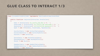 GLUE CLASS TO INTERACT 1/3
class SilexServiceProvider implements ServiceProviderInterface
{
    public function register(Container $container)
    {
        $dsn = $container['cb_config_db.dsn'] ?: '';
        $username = $container['cb_config_db.username'] ?: '';
        $password = $container['cb_config_db.password'] ?: '';
        $pdo = new PDO($dsn, $username, $password);
        $authorTable = new AuthorTable($pdo);
        $authorHydrator = new AuthorHydrator();
        $author = new Author();
        $bookTable = new BookTable($pdo);
        $bookHydrator = new BookHydrator();
        $book = new Book();
        
        $memberTable = new MemberTable($pdo);
        $memberHydrator = new MemberHydrator();
        $member = new Member();
 