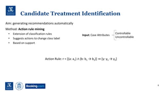 Candidate Treatment Identification
Aim: generating recommendations automatically
Method: Action rule mining
• Extension of classification rules
• Suggests actions to change class label
• Based on support
Action Rule: r = [(a: a1) ∧ (b: b1 → b2)] ⇒ [y: y1 → y2]
8
Controllable
Uncontrollable
Input: Case Attributes
 