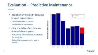 Evaluation – Predictive Maintenance
21
• Prediction of "avoided" delay due
to smart maintenance
• Smart monitoring of turn...