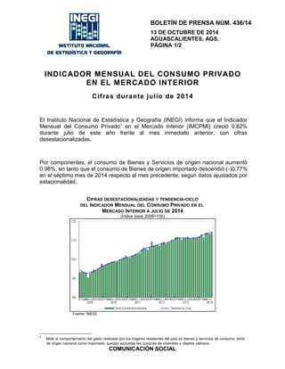 BOLETÍN DE PRENSA NÚM. 436/14 
13 DE OCTUBRE DE 2014 
AGUASCALIENTES, AGS. 
PÁGINA 1/2 
INDICADOR MENSUAL DEL CONSUMO PRIVADO 
EN EL MERCADO INTERIOR 
Cifras durante julio de 2014 
El Instituto Nacional de Estadística y Geografía (INEGI) informa que el Indicador 
Mensual del Consumo Privado1 en el Mercado Interior (IMCPMI) creció 0.82% 
durante julio de este año frente al mes inmediato anterior, con cifras 
desestacionalizadas. 
Por componentes, el consumo de Bienes y Servicios de origen nacional aumentó 
0.98%, en tanto que el consumo de Bienes de origen importado descendió (-)0.77% 
en el séptimo mes de 2014 respecto al mes precedente, según datos ajustados por 
estacionalidad. 
CIFRAS DESESTACIONALIZADAS Y TENDENCIA-CICLO 
DEL INDICADOR MENSUAL DEL CONSUMO PRIVADO EN EL 
MERCADO INTERIOR A JULIO DE 2014 
(Índice base 2008=100) 
Fuente: INEGI. 
1 Mide el comportamiento del gasto realizado por los hogares residentes del país en bienes y servicios de consumo, tanto 
de origen nacional como importado; quedan excluidas las compras de viviendas u objetos valiosos. 
COMUNICACIÓN SOCIAL 
 
