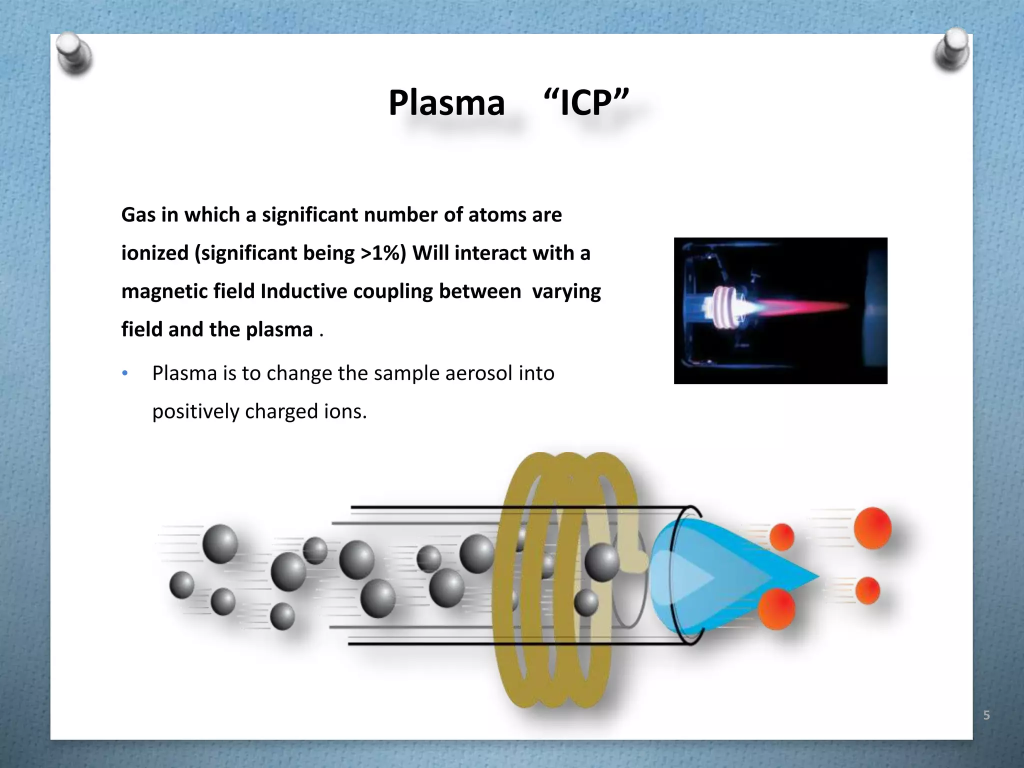 5
Plasma “ICP”
Gas in which a significant number of atoms are
ionized (significant being >1%) Will interact with a
magnetic field Inductive coupling between varying
field and the plasma .
• Plasma is to change the sample aerosol into
positively charged ions.
 