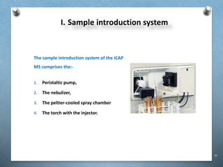 36
I. Sample introduction system
The sample introduction system of the iCAP
MS comprises the:-
1. Peristaltic pump,
2. The nebulizer,
3. The peltier-cooled spray chamber
4. The torch with the injector.
 